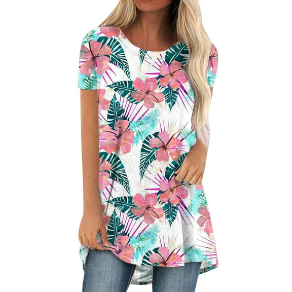 IROINNID Summer Loose Comfy Leisure Tops For Women Printed Round-Neck Loose Short Pullover Sleeve Tops Blouse Spring