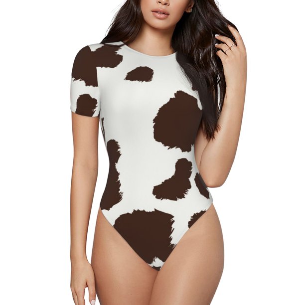 Fotbe Brown Cow Body de Mujer con Cuello Redondo y Mangas Cortas, Sin Mangas Ajustado, Suave, Cómodo y Básico-Medium