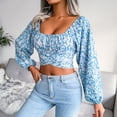 thumbnail image 4 of Back Tie Up Crop Top, Lantern Long Sleeve Top Breathable Ruffles Elegant  Polyester Square Neck Adjustable  For Shopping Blue L, 4 of 8