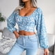 thumbnail image 5 of Blusa corta con estampado floral y cuello cuadrado y manga larga con lazo en la espalda para mujer Azul M, 5 of 9