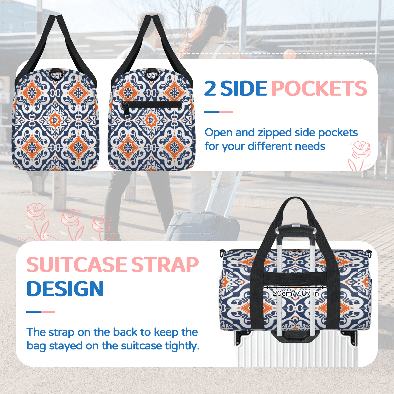Herdesigns Boho Mexican Tile Travel Duffle Bag Sports Yoga Weekender Overnight Carry on Workout Bags Lightweight Waterproof Gym Tote Bag for Women