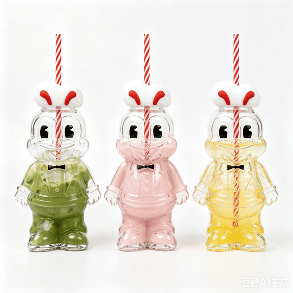 6.5 Inch Jolly Glass Sippy Cup with Reusable Stripe Straw, Clear Cartoon Character Shaped Borosilicate Glass Tumbler, Fun Novelty Holiday Gifts Container for Juice Milk, Cute Aesthetic Tableware