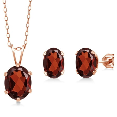 Gem Stone King 18K Rose Gold Plated Silver Red Garnet Pendant and Earrings Jewelry Set for Women (3.20 Ct Oval 8X6MM and 7X5MM, Gemstone Birthstone, with 18 inch Chain)
