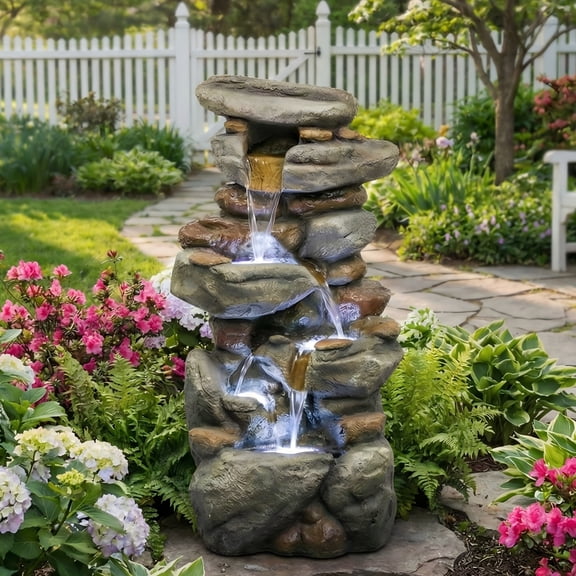 30" Outdoor Water Fountain with LED Lights - Resin Stone Look Tiered Fountain for Patio, Garden, Backyard, Entryway Decor - Grey