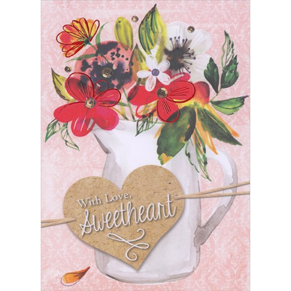 Designer Greetings With Love, Sweetheart: Light Brown Heart, White Pitcher with Red, White and Yellow Flowers Feminine Valentine's Day Card