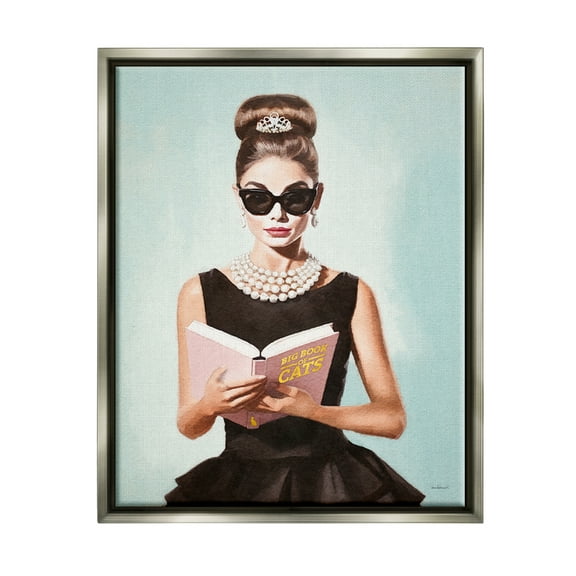 Stupell Industries Fashion Girl Reading Literature & Flim Painting Gray Floater Framed Canvas Art Print Wall Art, 25 x 31