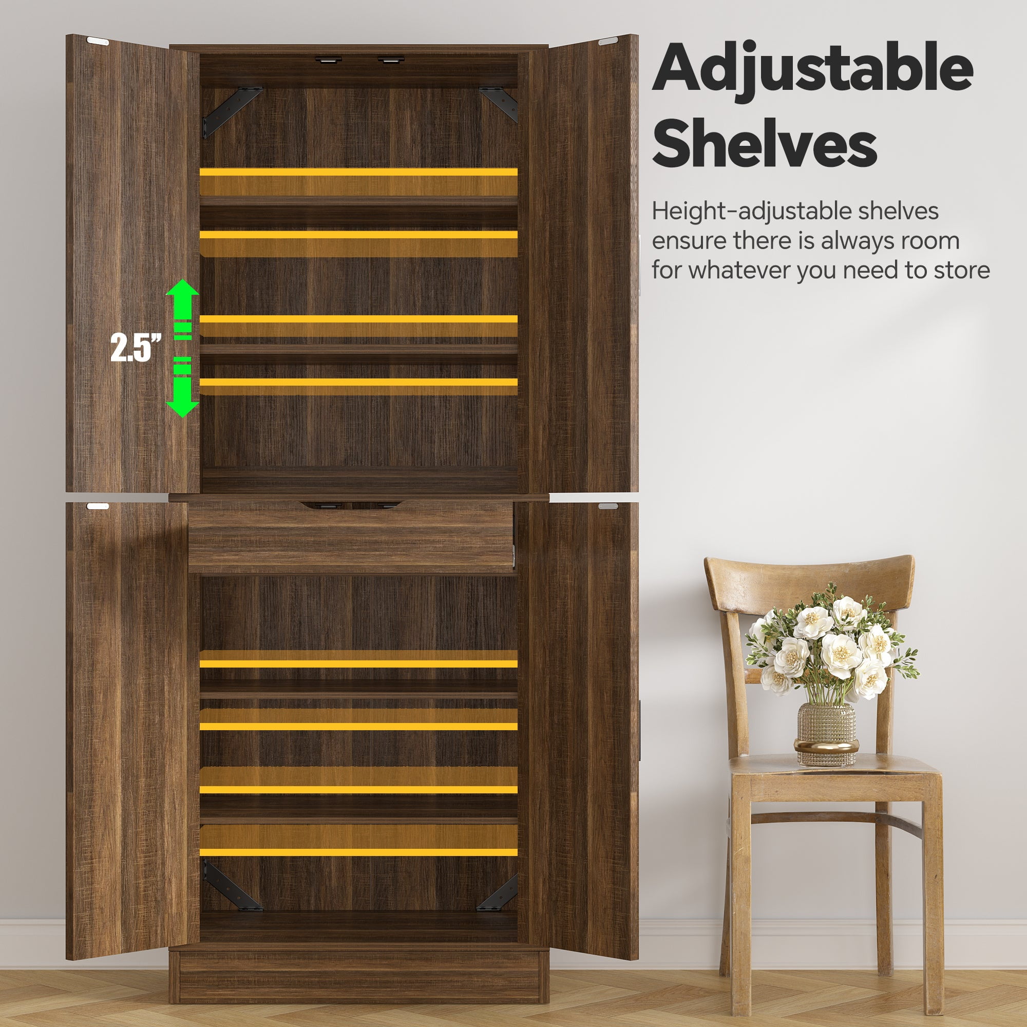 Homieasy 71'' Tall Farmhouse Pantry Cabinet with Drawer, 4-Door Pantry with Adjustable Shelves for Dining, Kitchen, Retro Brown