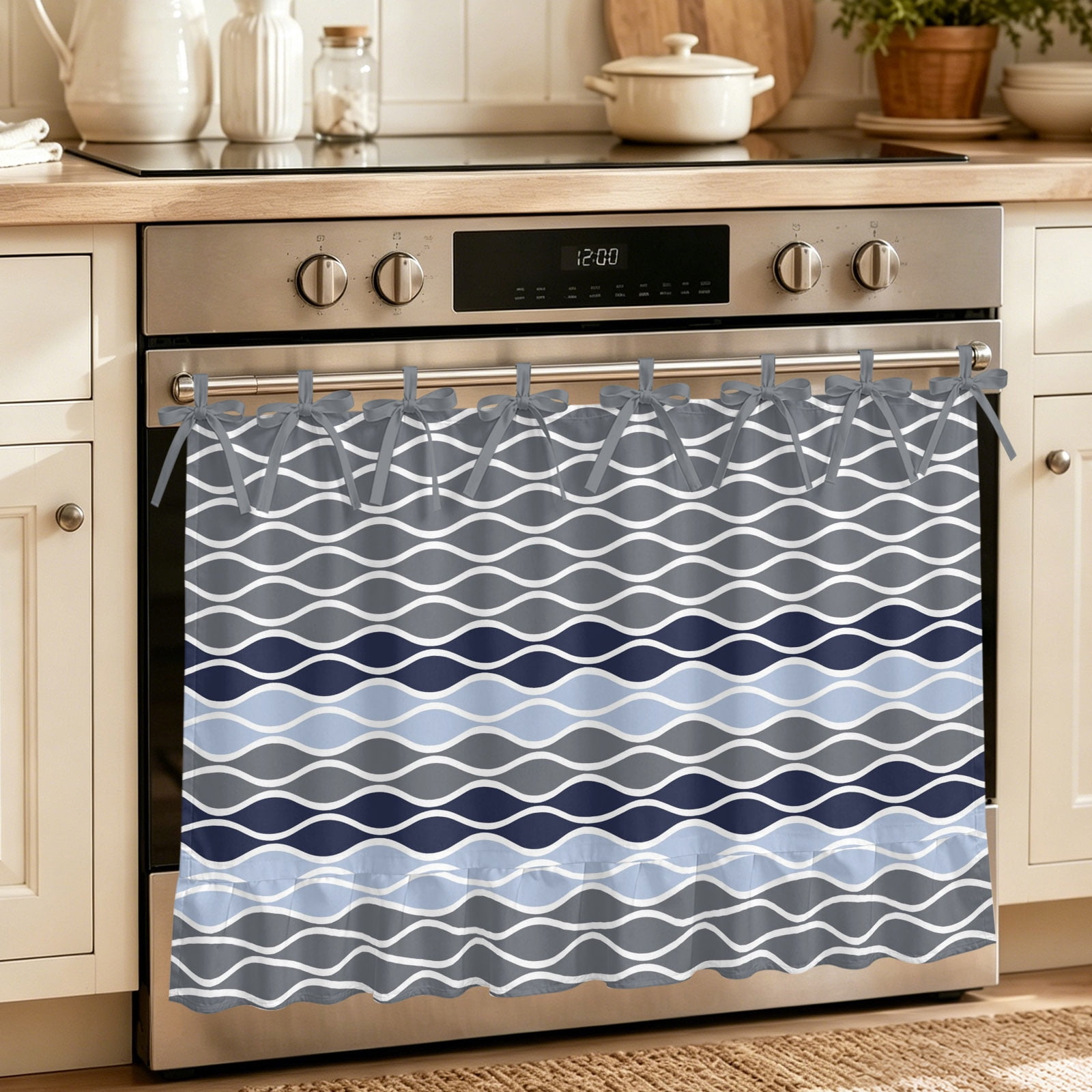 Oven Skirt Curtain for Kitchen 24x32 Inch Ombre Blue Grey Oven Curtain with 8 Ribbon Ties & Ruffle Trim Stove Skirt Curtain Dishwasher for Cabinets Over Sinks Modern Abstract Waves Morocco Striped