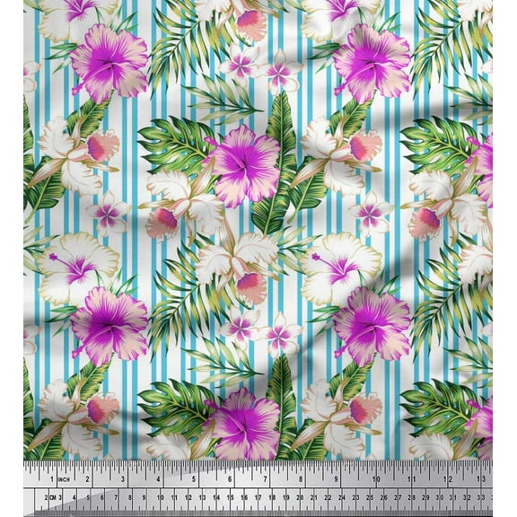 Soimoi Blue Cotton Duck Fabric Tropical Leaves,Stripe & Floral Decor Fabric Printed Yard 42 Inch Wide