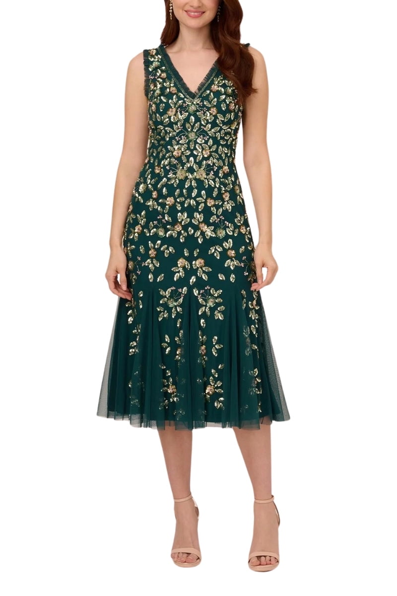 【海外限定】AdriannaPapell ドレス☆Adrianna By Green Ruffle Adrianna Papell Ruffle Beaded Midi Mermaid Cocktail Dress