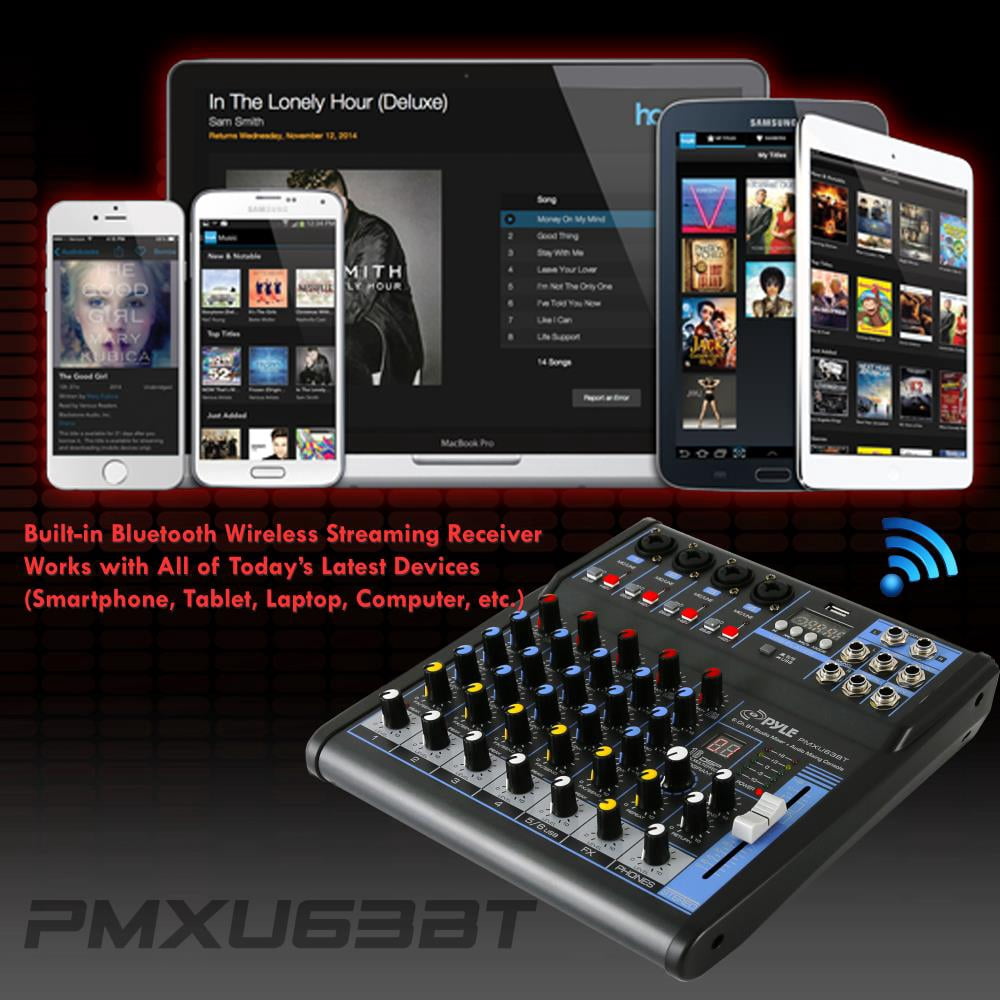 Pyle PMXU63BT - 6-Ch. Bluetooth Studio Mixer - DJ Controller Audio Mixing Console System