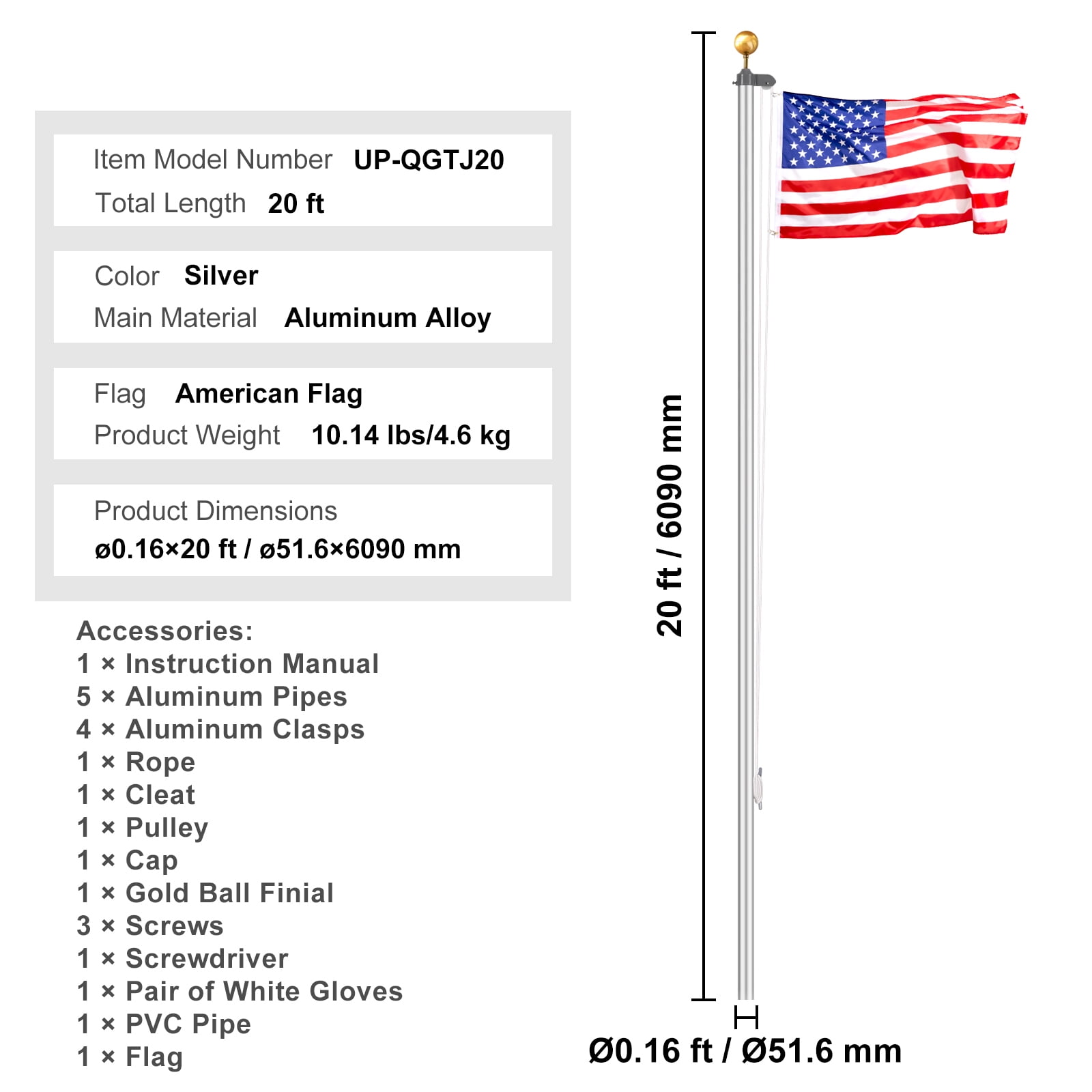 KFFKFF 20-Foot Segment Flagpole Set, Robust Aluminum Alloy Outdoor Flag Stands, Trio Display Options with 3x5 US Flag, Expert Gear, Silver