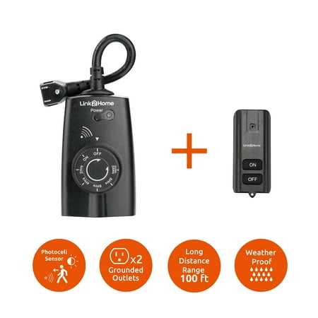 Link2Home Outdoor Weatherproof Wireless Remote Control Double Outlets, Dusk to Dawn 24-Hour Timer, 100 ft range, Pre-programmed. Programmable ON/OFF Holiday Decorations, Christmas Lights.