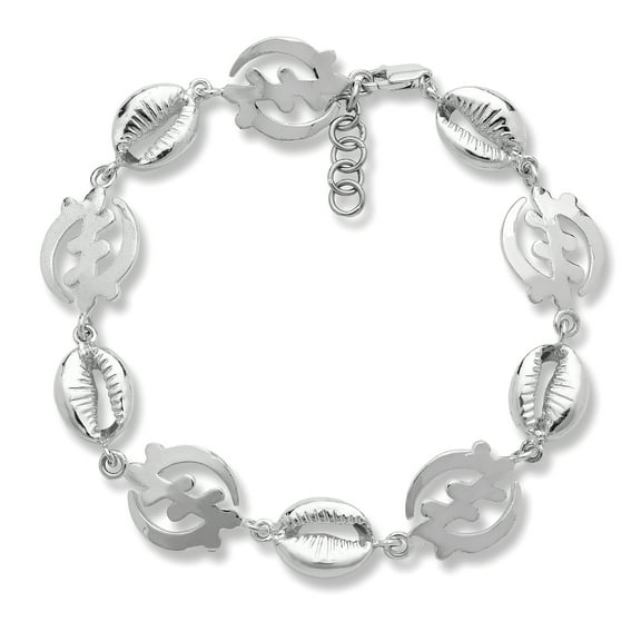 .925 Sterling Silver Gye Nyame Adinkra Cowrie Shells Links Bracelet w. Lobster Lock