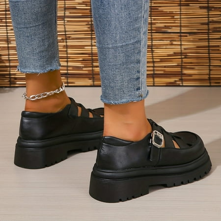 

XTMPMY Preppy Style Buckle Strap Platform Loafers with Solid Hollow Out Round Toe - Stylish and Comfortable Shoes for Women