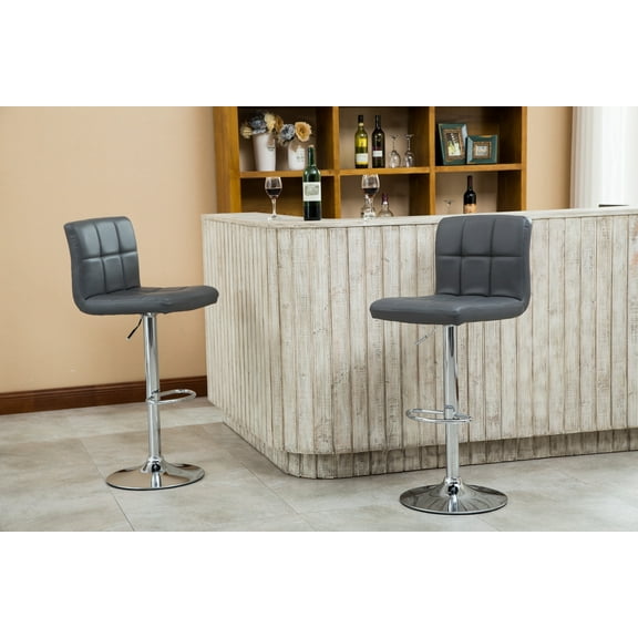 GeeHome Swivel Faux Leather Adjustable Hydraulic Bar Stool, Set of 2, Gray
