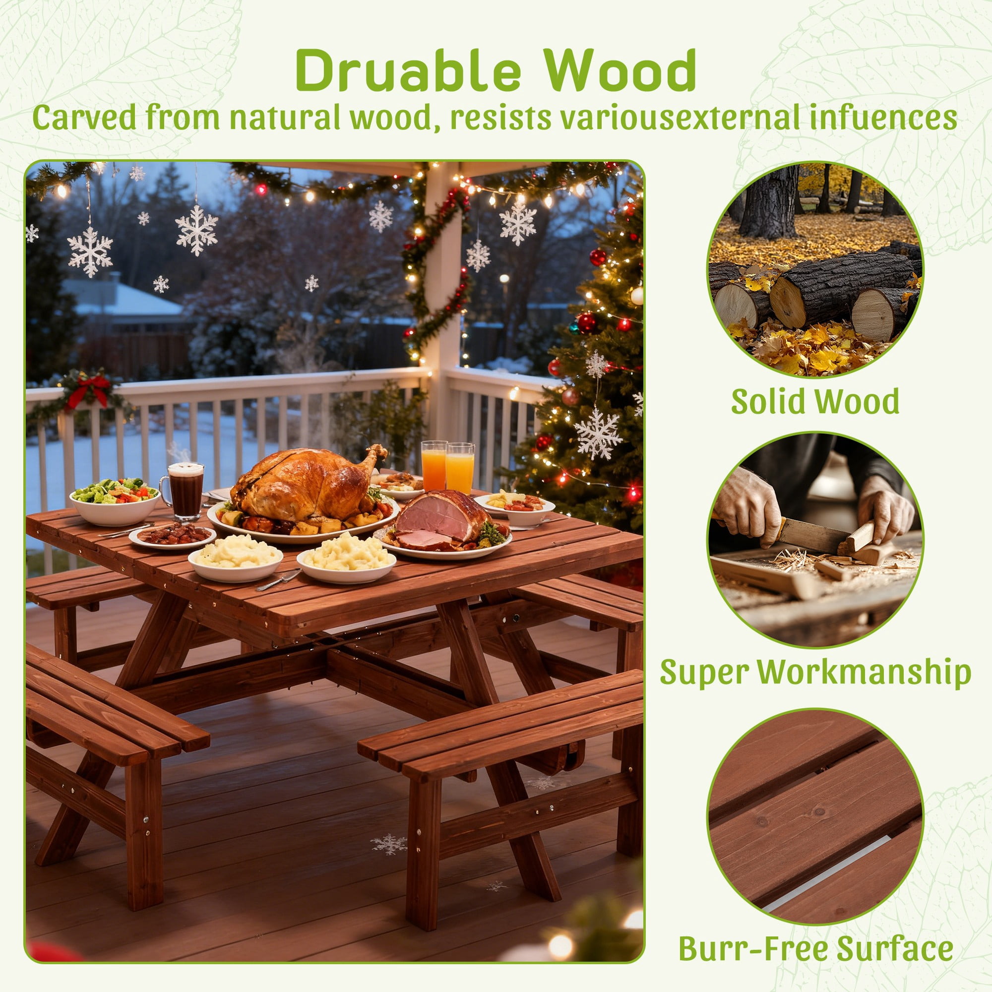 DEALTOPS 8-Person Solid Wood Square Picnic Table Set with Umbrella Hole & 4 Built-in Benches for Patio
