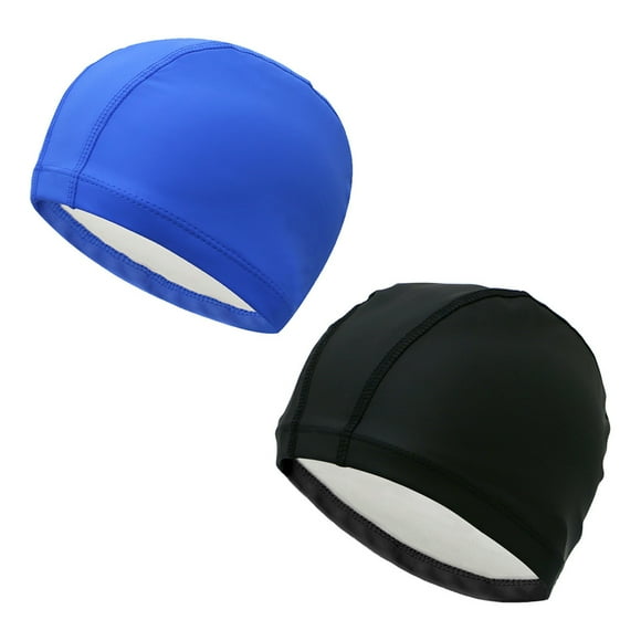 Paquete de 2 gorros de natación unisex con protección para los oídos, impermeables, recubiertos de PU, cómodos y flexibles, gorros de natación para mujeres, hombres, niños y adultos
