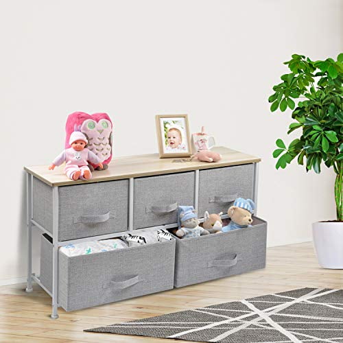 Wide Drawer Dresser Storage Organizer - CERBIOR 5-Drawer Closet Shelves,  Sturdy Steel Frame Wood Top with Easy Pull Fabric Bins for Clothing