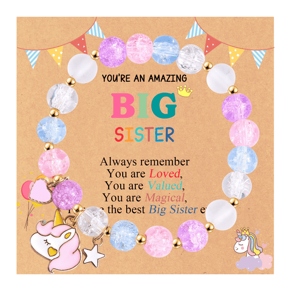 Unicorn Beaded Bracelet with Inspirational Card – Birthday, Christmas, Easter Gift for Gils, Big Sister Jewelry
