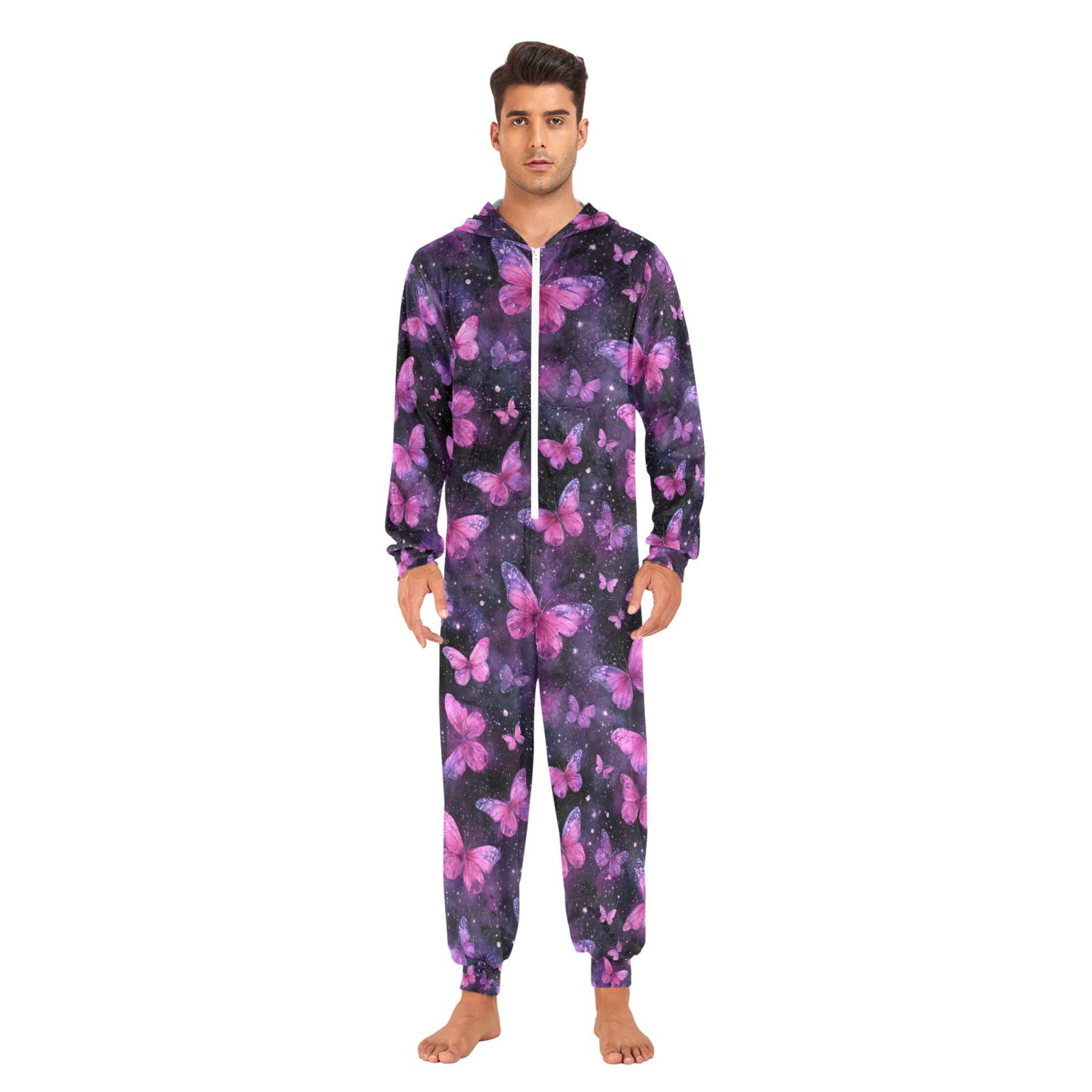 Adult Christmas Onesie Pink Butterfly Adult Zipper One-Piece Pajamas Unisex Pajamas with Pockets