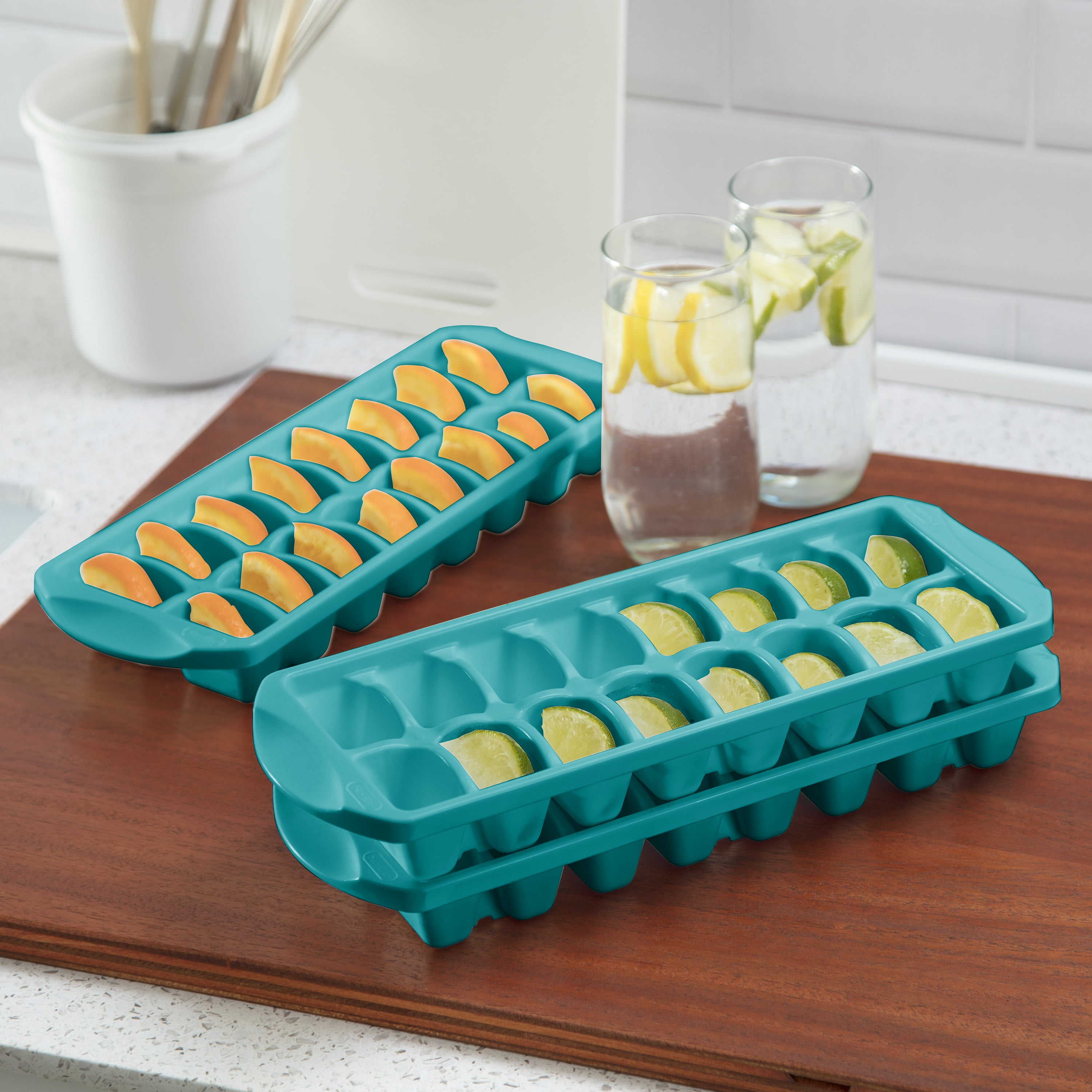 Sterilite, Ice Cube Tray, Set of Two Stacking Ice Cube Trays Plastic, Blue Atoll, plastic, perfect for chilled drink preparation.