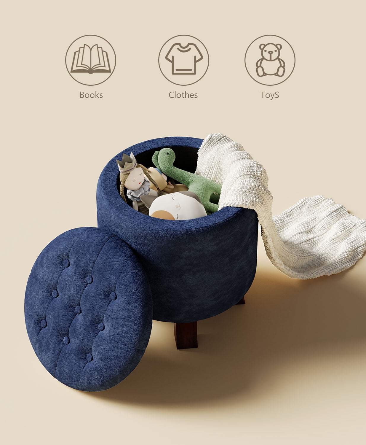 OSM Ottoman,Round Foot Rest Stool, Upholstered Small Ottoman Chair with Storage for Living Room & Bedroom, Decorative Home Furniture, Navy Blue