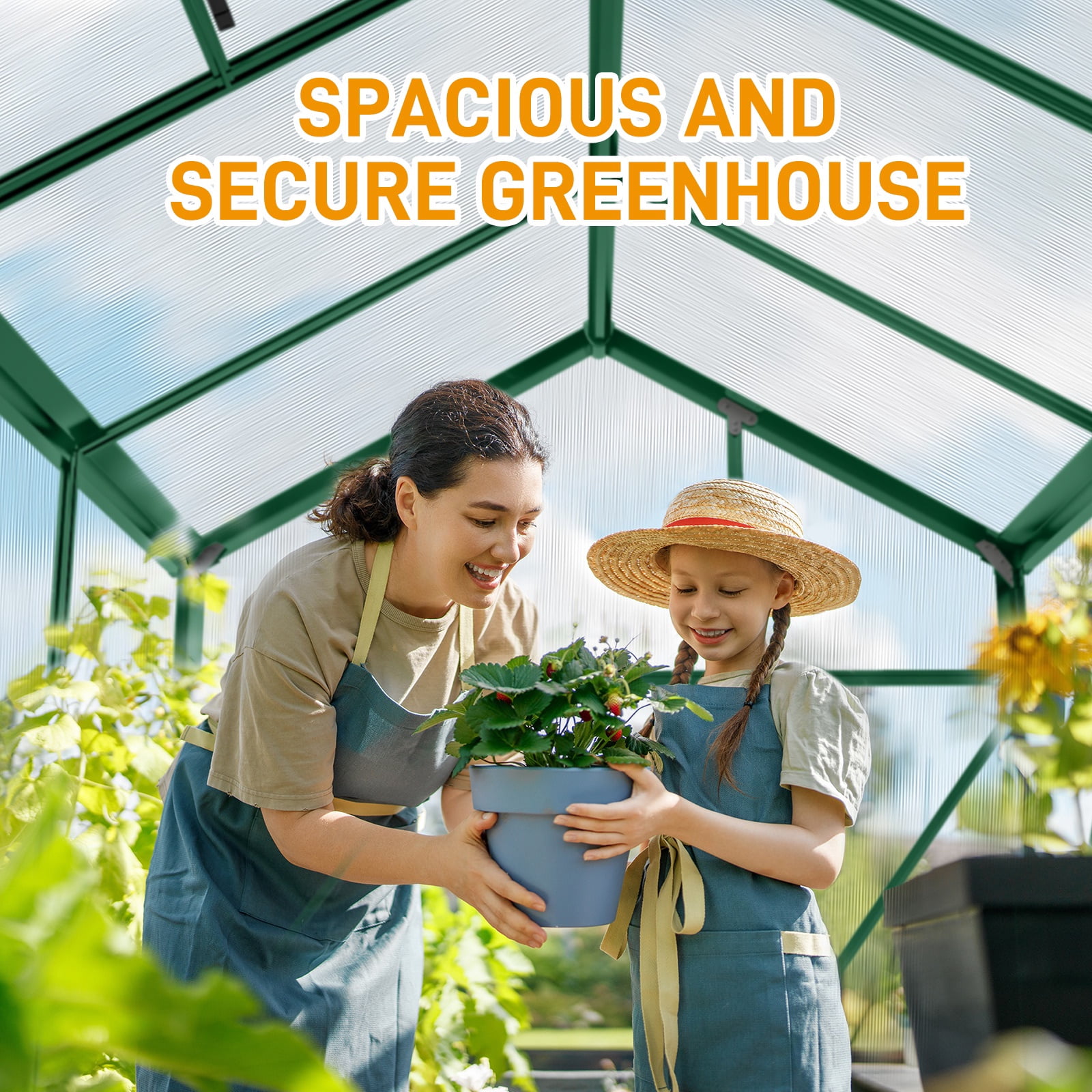 Seizeen 6x10FT Outdoor Greenhouse, Walk-in Green House Polycarbonate, Aluminium Frame Plant House for Gardening, with Adjustable Vent, 8 Supports, 62’’H Sliding Door, Green