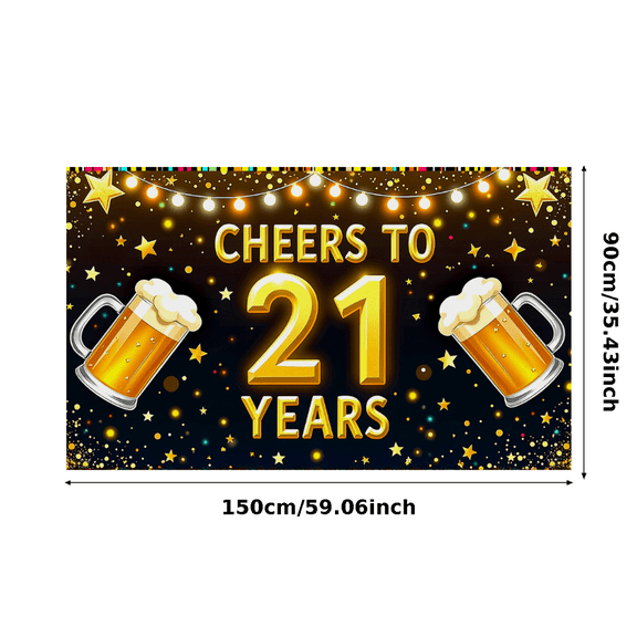 Glamorous 21st Birthday Banner with Beer Mugs Gold Stars and Sparkles Background Party Decoration Photography Prop for Celebrations Party Supplies Backdrop for Indoor Outdoor Events
