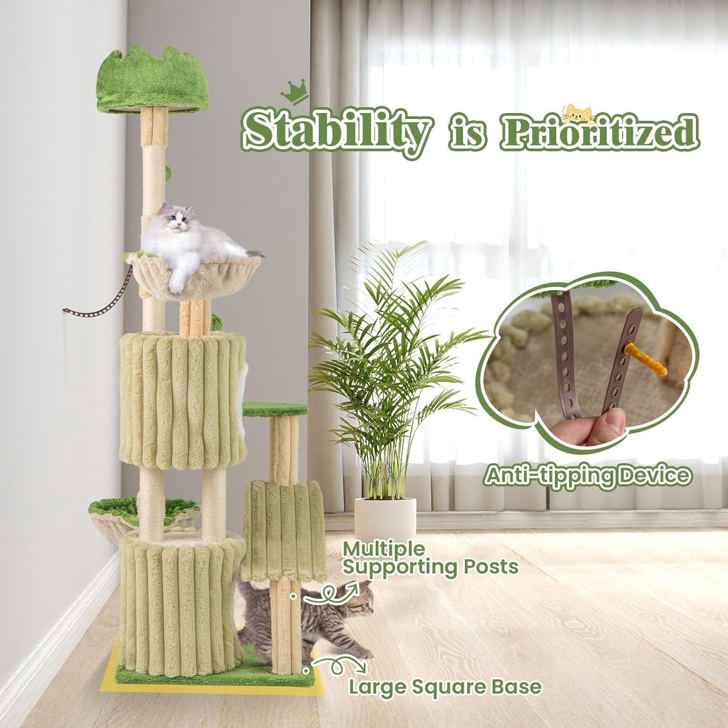 LEHOME 63 Inch Tall Cat Tree, Cute Green Cat Tower with 2 Condos, Plush Top Perch, 2 Basket Beds, Sisal Scratching Posts, 2 Dangling Balls, Slide Platform, Large Aesthetic Cat Tree for Indoor Cats
