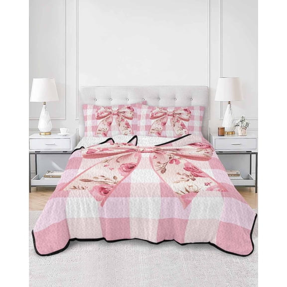 Quilts Twin Size, Pink Floral Print Soft Comforter Bedding Set for Bed, Checkered Bow Rose Flower Gingham Lightweight Quilted Bedspread with Pillow Cover(2 Pieces) for All Season, 68x86 Inch
