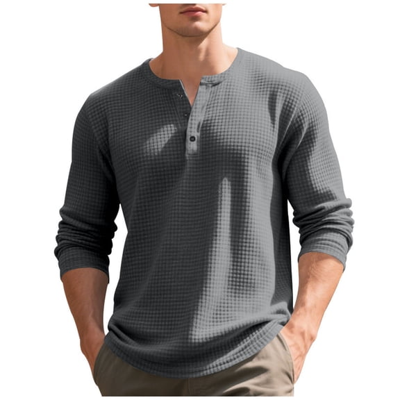 VSSSJ Mens Henley Shirt Long Sleeve Texture Round Neck Base Layer Shirt Button Up Relaxed Fit Comfortable Casual Stylish Fall Tops Dark Gray XXL