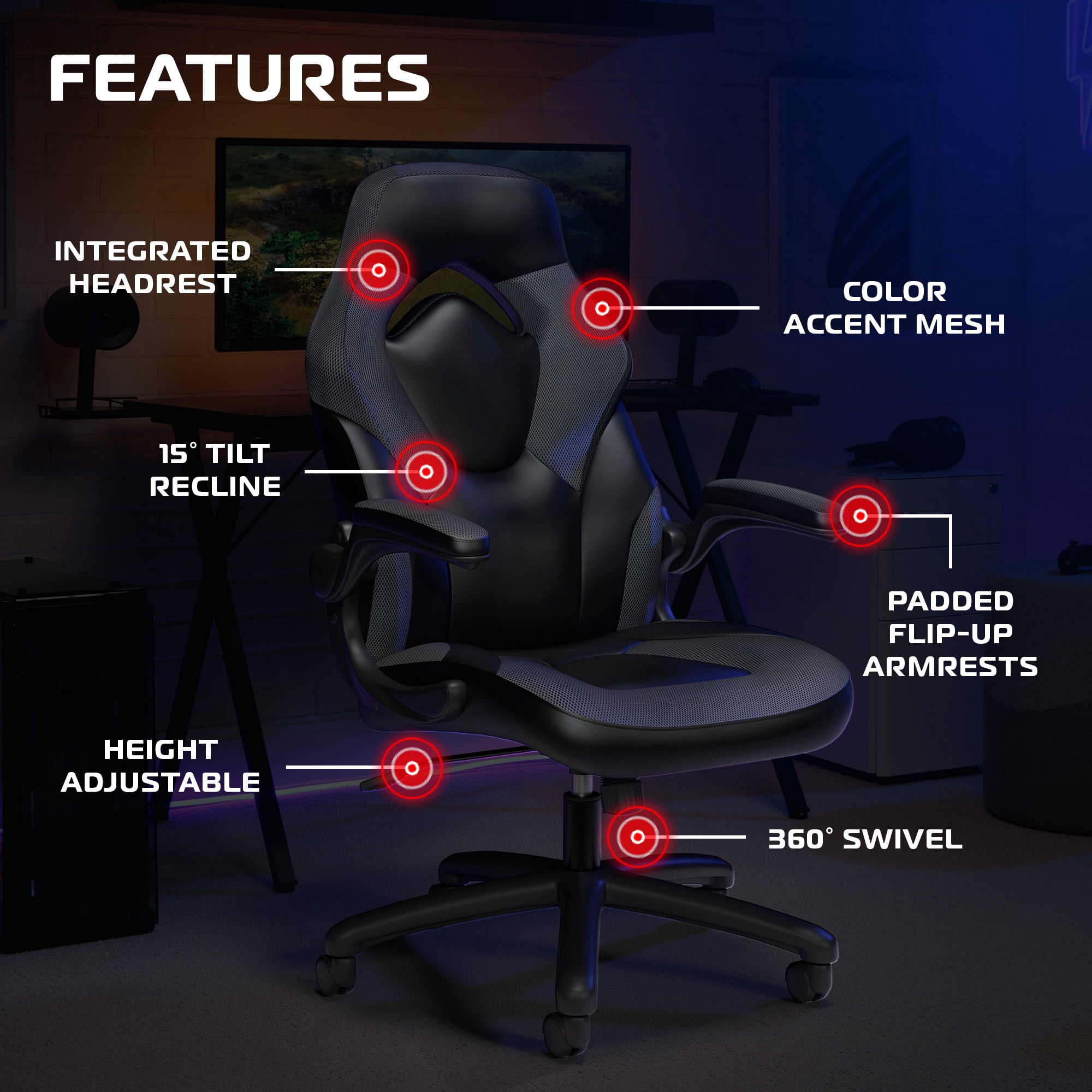 RESPAWN 3085 Ergonomic Gaming Chair for Adults, High Back Office Chair with Headrest and Flip Up Arms, Leather Racing Style Gaming Seat with Lumbar Support, Video Game Computer Desk Seat - Gray