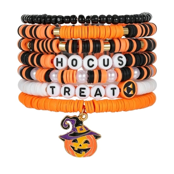 Holiday Halloween Bracelets for Women, 7 Pack Stretch Stackable Friendship Wristbands, Colorful Beaded Preppy Jewelry Set for Christmas Party Gifts