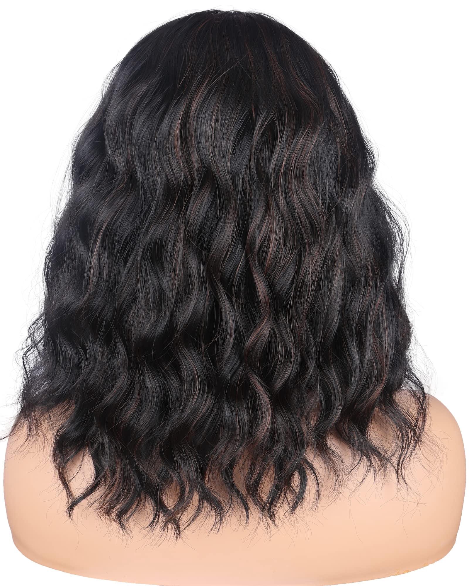 Black Headband Wigs With Brown Highlights For Women 14 Inch Wavy Heat Resistant Synthetic Soft Light Natural Looking Hair Replacement Wigs
