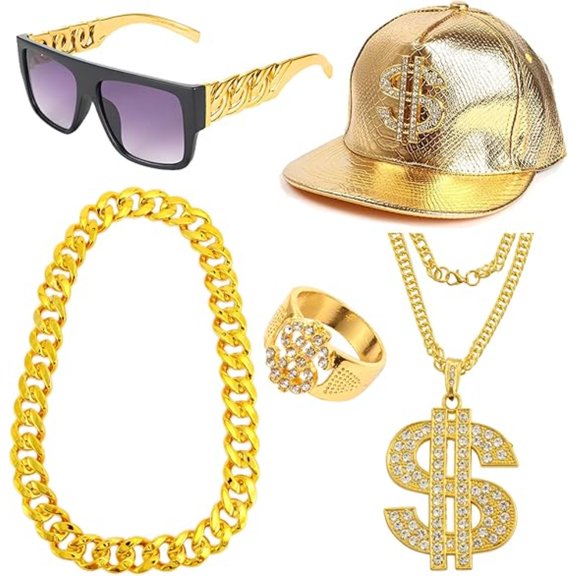 Full 5-in-1 80s Rapper Accessory Kit - Shiny Dollar Necklace, Cap, Sunglasses, Ring & Chain, Hip Hop Dress Up  for Parties