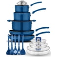 thumbnail image 1 of NutriChef Induction Pots and Pans Set – 17 Piece Space Saving Stackable Kitchenware Set, Nonstick Cookware with Utensils, Steamer, Trivets & Foldable Knobs – Blue, 1 of 8