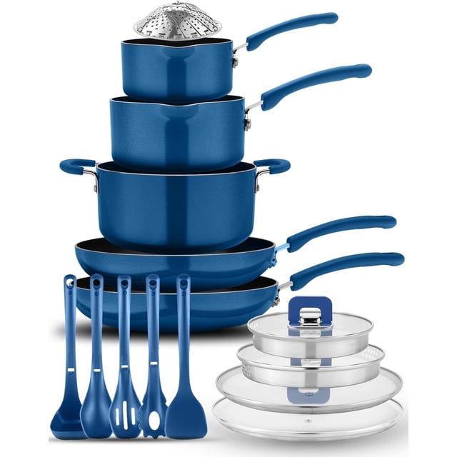 NutriChef Induction Pots and Pans Set – 17 Piece Space Saving Stackable Kitchenware Set, Nonstick Cookware with Utensils, Steamer, Trivets & Foldable Knobs – Blue