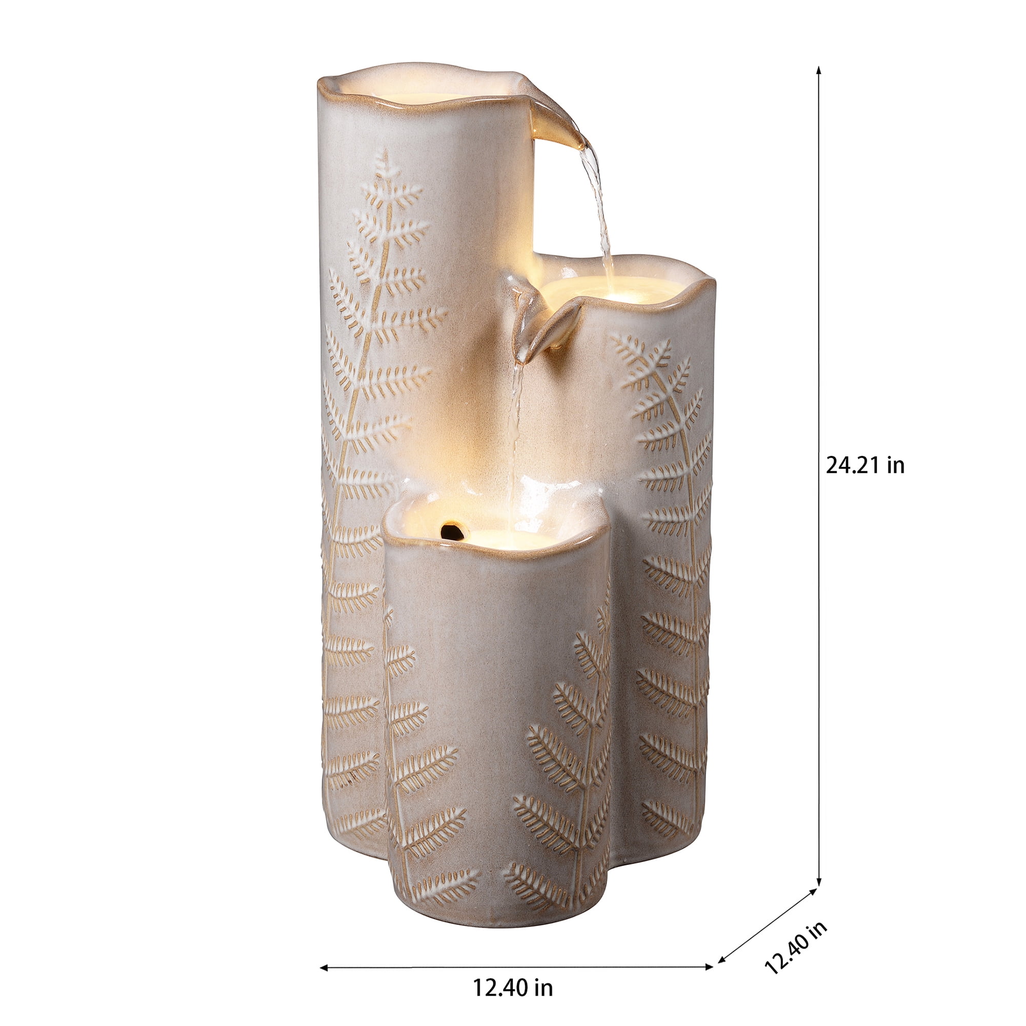 Triple Column Ivory Ceramic Fountain, Decorative Water Fountain with LED Lights and Quiet Pump, Indoor Outdoor Water Feature for Patio, Garden, Deck, Balcony, Office and Home Décor