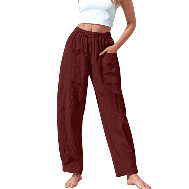 Pantalones elásticos de lino de cintura alta para mujer, informales: pantalones ligeros de verano para hacer ejercicio