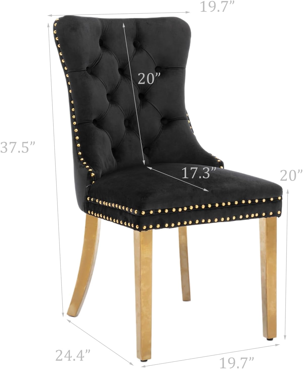 JESTOP Velvet Dining Chair Set of 2, Upholstered Tufted Dining Room Chair with Nailhead Trim and Solid Gold Plated Leg for Kitchen (Black)