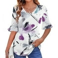 thumbnail image 3 of JTZGDY Womens Tops 3/4 Flared Sleeve Cute Floral Printed Summer V Neck Graphic Tunic T-Shirts Loose Irregular Hem Blouse Dressy Ruffle Top Purple XXL, 3 of 6