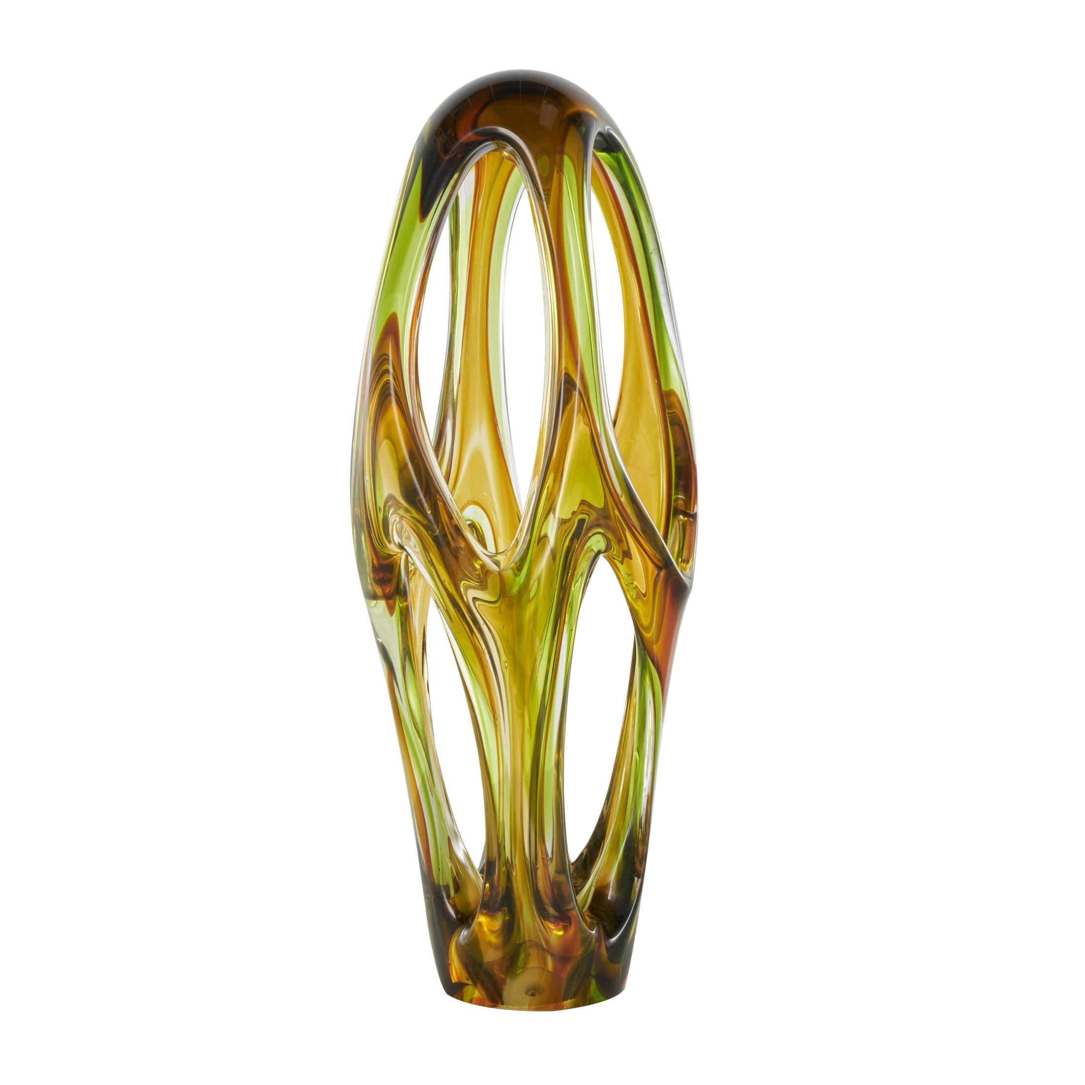 6" x 21" Orange Glass Ombre Cutout Abstract Sculpture with Green Accents, by DecMode