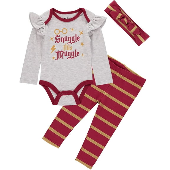 Harry Potter Baby Girls Clothing 3-Piece Set with Bodysuit, Leggings, and Headband Gifts for Babies Grey/Red/Yellow, 0-3M