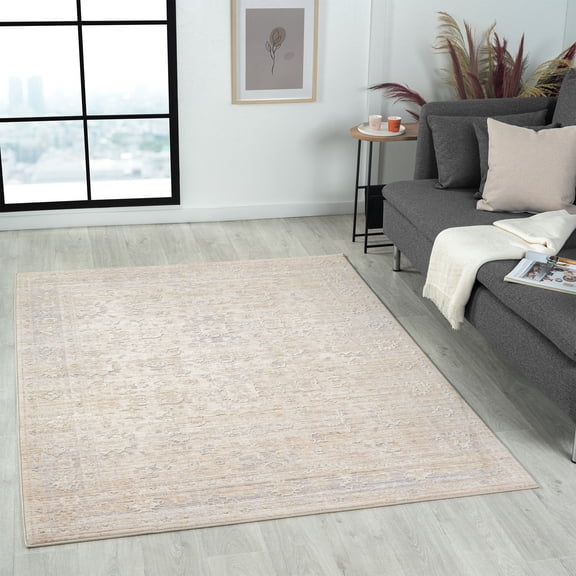 Laddha Home Designs 4' x 6' Floral Bordered Loomed Area Throw Rug - Gray and Beige