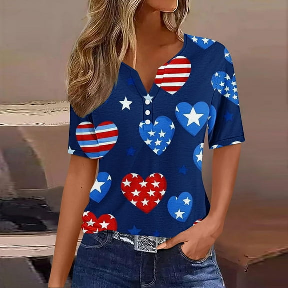 Cavosen Independence Day Shirts Women Petite Red White and Blue Short Sleeve V Neck T Shirts USA Star Striped Graphic Tops Lady XL Patriotic Casual T Shirts Independence Day Tunic Tees