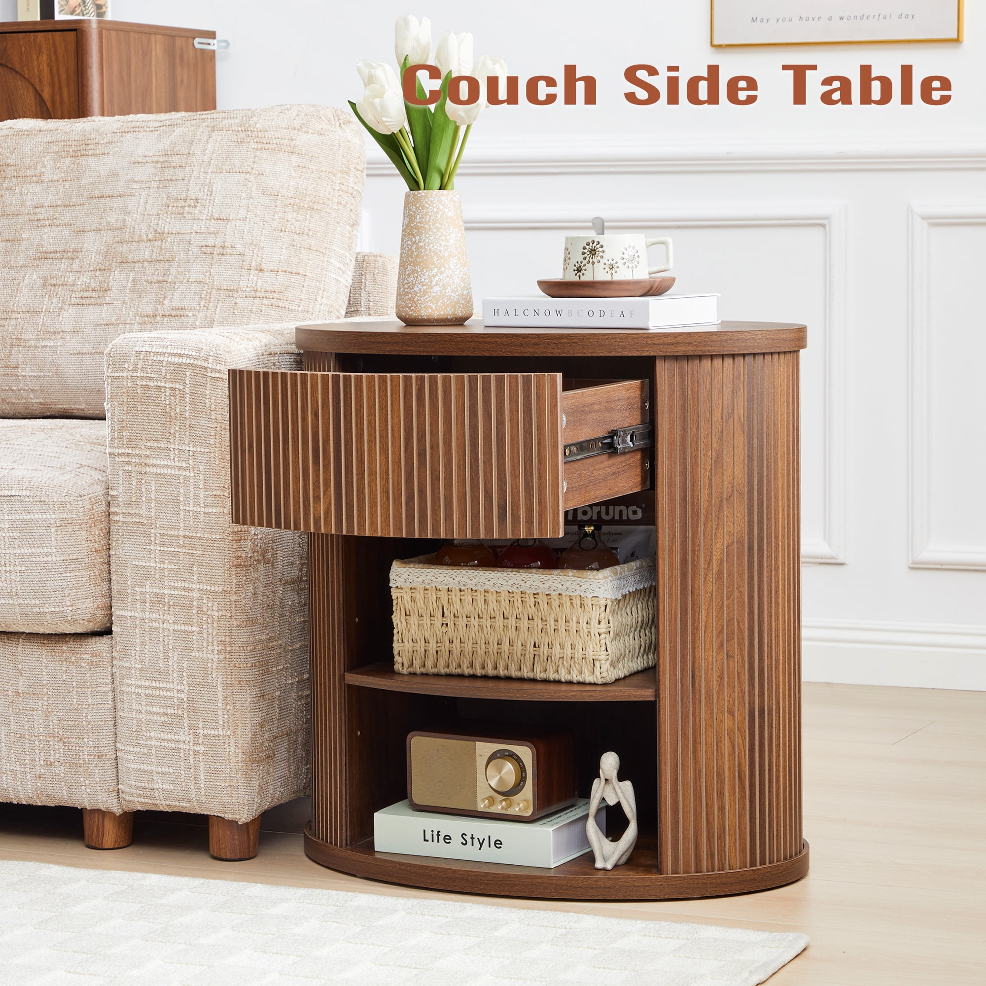 YOCWO Oval Nightstand with 1 Drawer and Adjustable Shelf for Bedroom with Carved Line Design, Round End tables for Living Room, Walnut