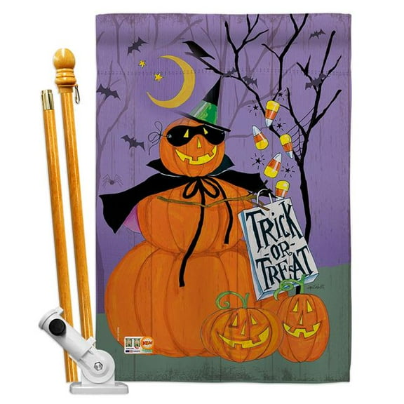 Breeze Decor BD-HO-HS-112084-IP-BO-D-US18-WA 28 x 40 in. Happy Pumpkin Trio Fall Halloween Impressions Decorative Vertical Double Sided House Flag Set with Pole Bracket & Hardware