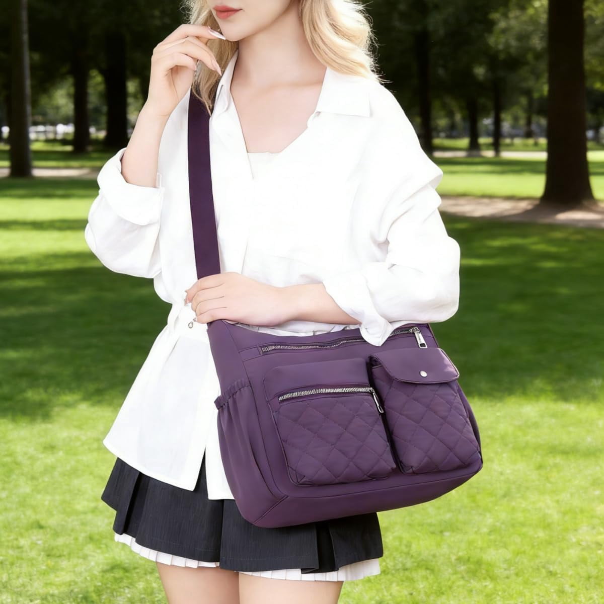 Sunyuer Crossbody Bag for Women, Casual Quilted Nylon Waterproof Travel Purse Trendy Multipocket Lightweight Shoulder Handbags for Ladies
