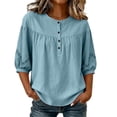 thumbnail image 3 of ClodeEU Women's Linen Blend 3/4 Sleeve Crewneck Shirt Top ,Solid Color Casual Loose Fit Summer Blouse Blue,Women's Plus L, 3 of 8